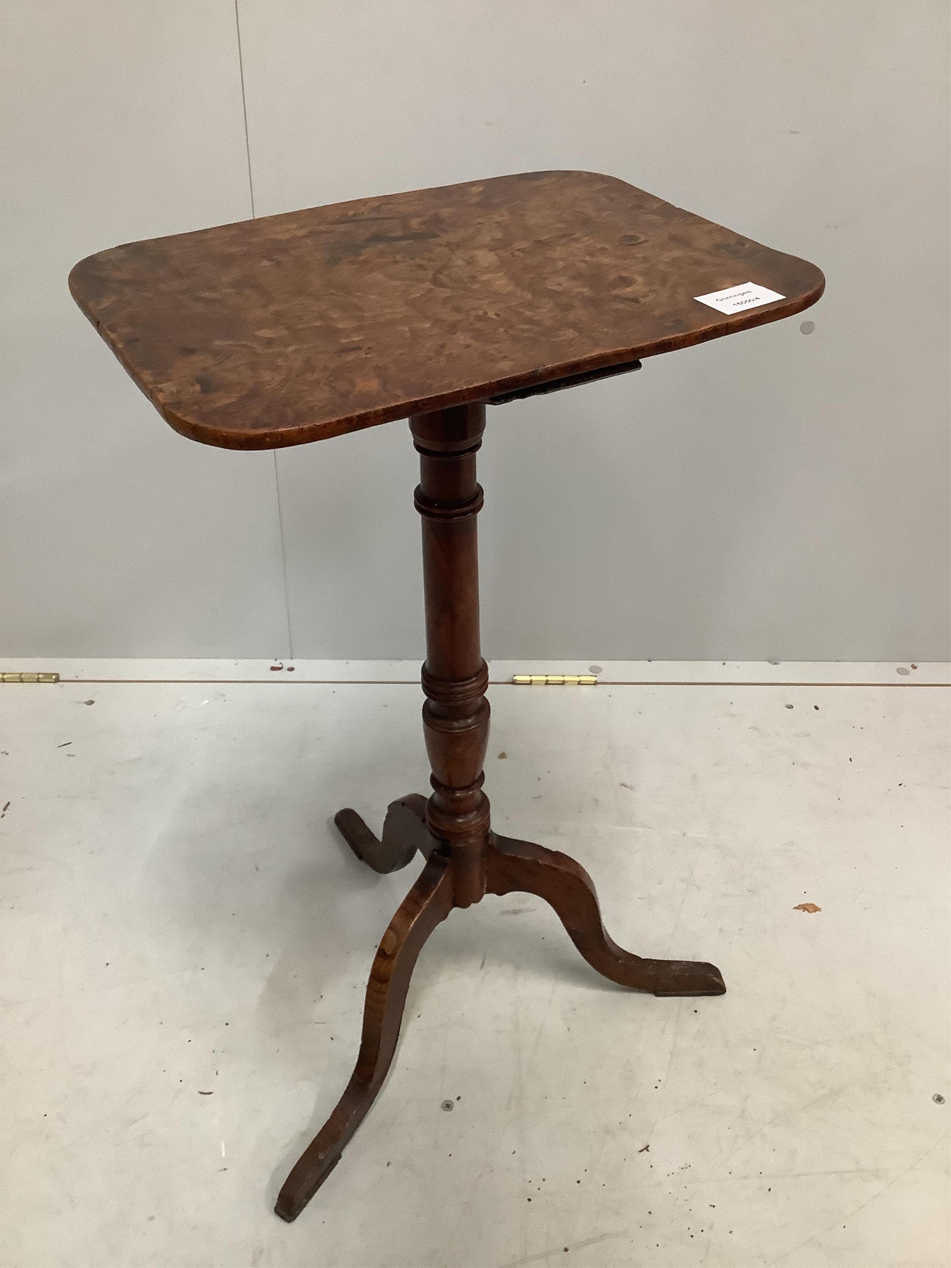 A George III rectangular burr elm tripod wine table, width 39cm, depth 30cm, height 69cm. Condition - fair